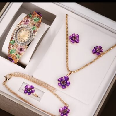CONJUNTO DE JOYERIA DE RELOJ, COLLAR, ARETE Y PULSERA CON FLORES